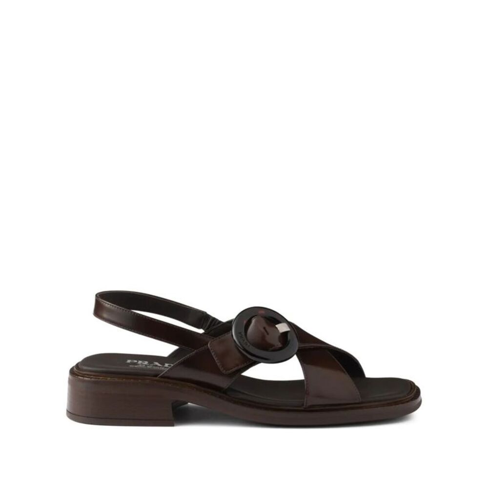 Brushed Leather Crisscross Band Sandals With Plexiglas Buckle Women